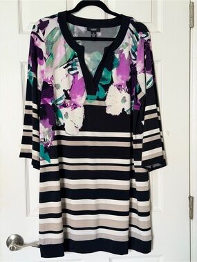 Alfani Black-Trim Watercolor Floral Top with Teal and Purple Accents